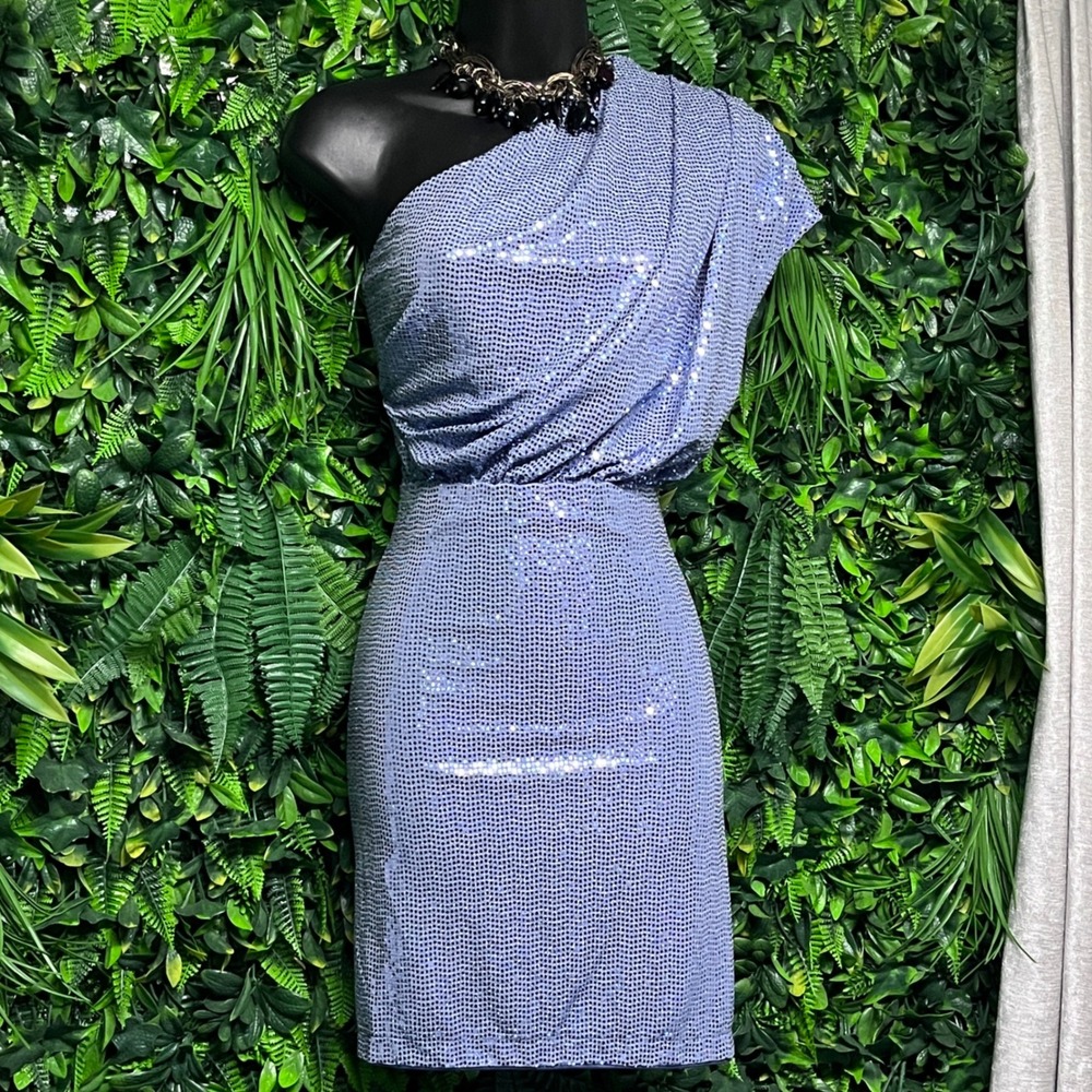 Lulus Dress Medium Purple Sequin One Shoulder Mini Asymmetrical Bodycon 3698 - Picture 3 of 9